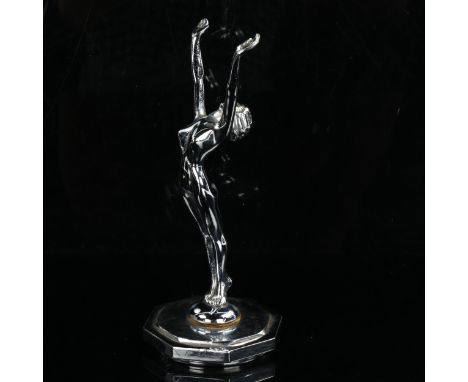 Art Deco chrome plate Desmo car mascot, in the form of a naked woman with outstretched arms, original octagonal metal base, o