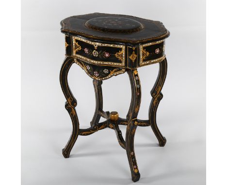 A Victorian gilded and lacquered sewing table, with inlaid mother-of-pearl decoration on shaped base, length 54cmTop has a sp