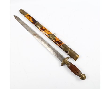 A 19th century Chinese Jian short sword, with tortoishell and brass bound scabbard, length 60cmSome pitting to blade, small d