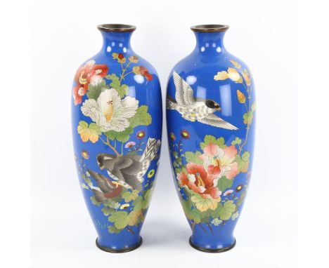 A pair of Japanese cloisonne enamel vases, circa 1900, highly detailed birds of prey and flowers, height 31cmVery good bright