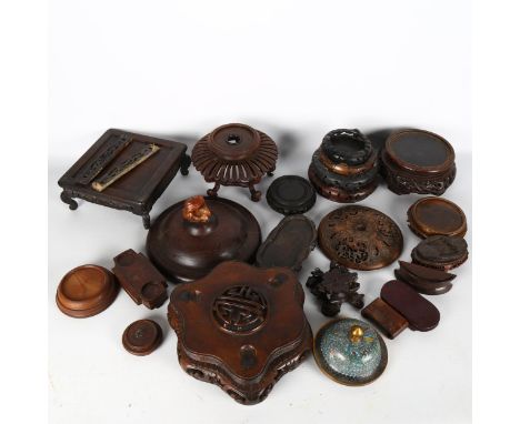 A group of Chinese hardwood covers and stands, including example with red jade knop 