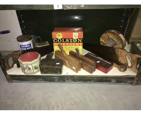 A quantity of vintage tins and tools etc.