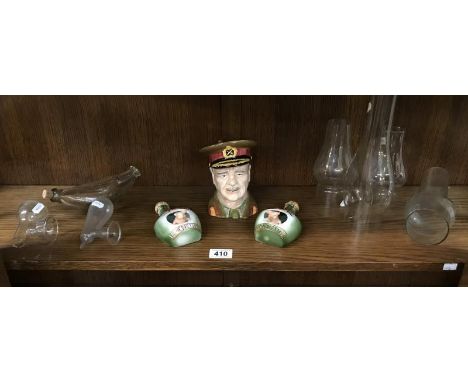 A Montgomery Toby jugs, a pair of Benedictine promotional ornaments and a quantity of glass medical items including oil lamp 