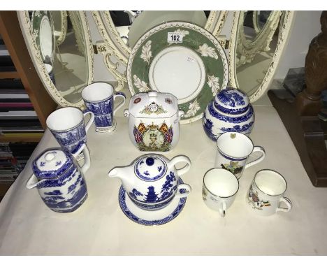 8 pieces of Ringtons blue and white ware, Ringtons Elizabeth the 2nd Golden Jubilee lidded jar, 2 first world war commemorati