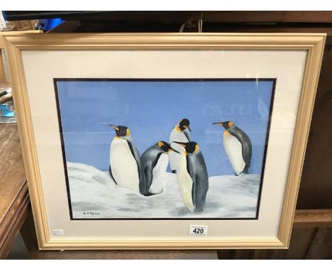 A Kevin Roman Gouache on paper painting of Emperor penguins, signed K J Roman.