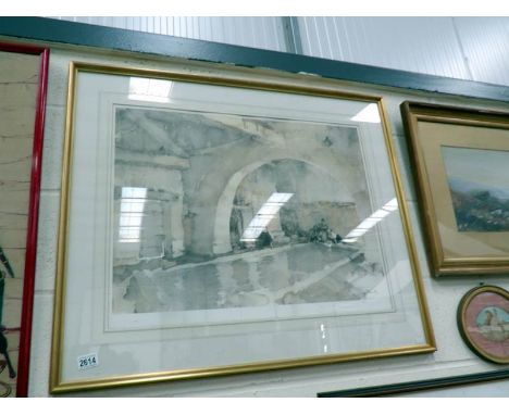 A framed and glazed print depicting a pool scene.
