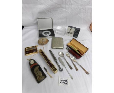 A mixed lot including pens, sewing items, compass etc.,