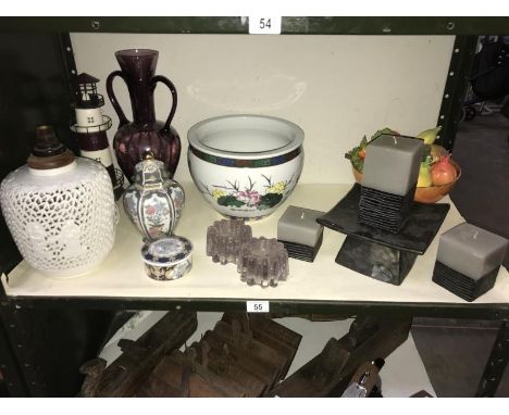 A Large Chinese fishbowl planter, artificial fruit etc.,
