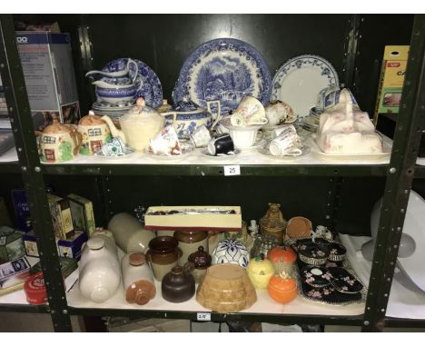 2 shelves of Kitchen Items etc, including Wedgwood, teapot, jelly moulds etc.