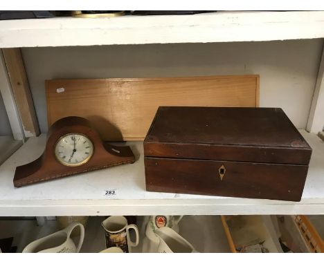 1 oak box and 1 mantle clock, 1 box of drawing items.