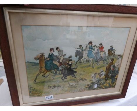 A framed and glazed watercolour comedy hunting scene signed Thomson, image 46 x 33 cm, frame 62 x 49 cm.