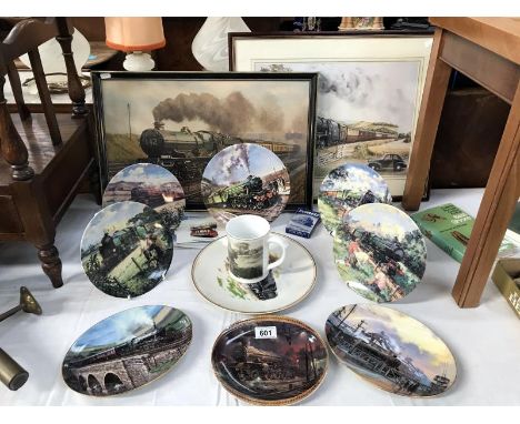 A collection of railway related plates, a framed and glazed print 'The Black Watch' and one other etc.,