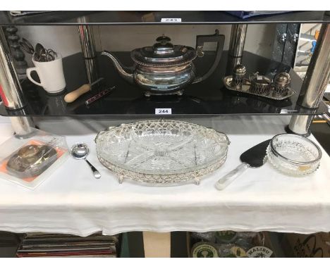 A mixed lot of silver plate including teapot, condiment set etc.