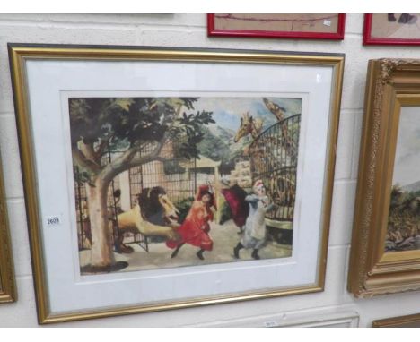 A framed and glazed limited edition print (23/250) depicting a zoo scene by Carol Wright.