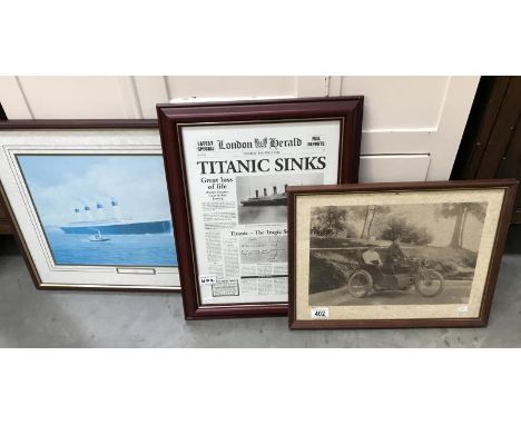 A limited edition print of an early Harley Davidson motorcycle with side car, 64/200 together with 2 print of the Titanic inc