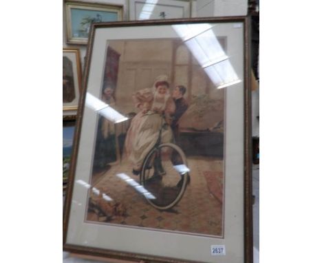 A framed and glazed print featuring a maid learning to ride a bicycle observed by an elderly lady.
