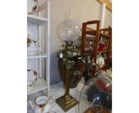 A brass Corinthian column oil lamp with etched shade.