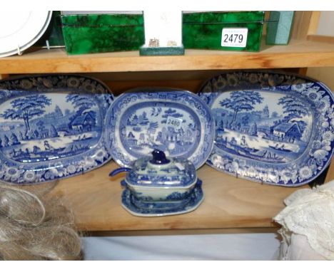 2 19th century blue and white meat platters, and Ironstone willow pattern platter and a later blue and white sauce boat with 