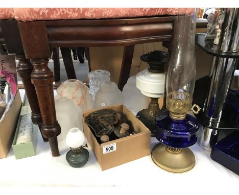 7 vintage lamp glass shades and oil lamps