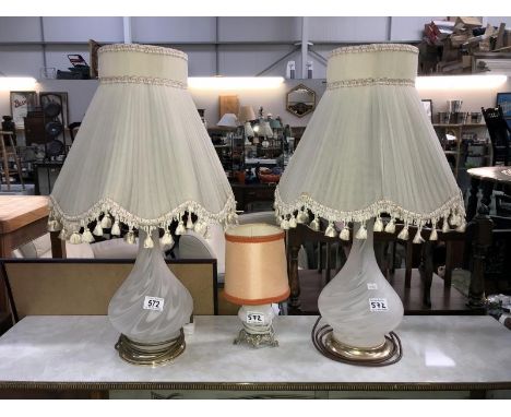 2 good glass table lamps and a small polished stone table lamp.