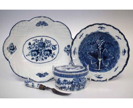 Bow blue and white circa 1760, to include a lidded butter dish, a plate a dish moulded with basket weave borders and a fork, 