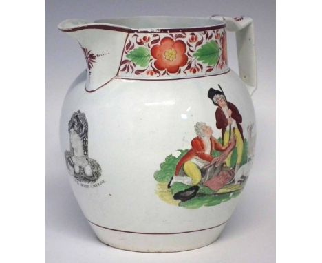 Staffordshire Long Live Queen Caroline commemorative jug, printed with a portrait and hunting scenes, early 19th century, 22c