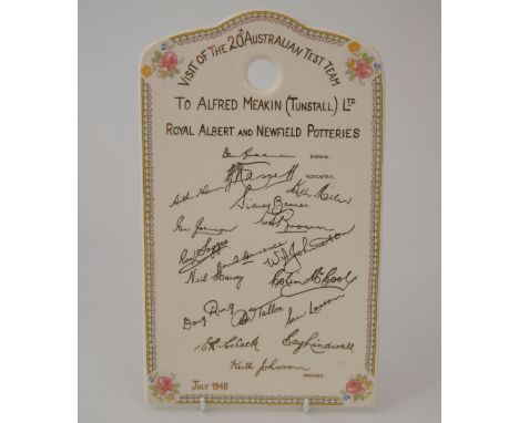 Ceramic plaque commemorating the visit of 20th Australian test team, July 1948, to Alfred Meakin (Tunstall) Ltd, Royal Albert