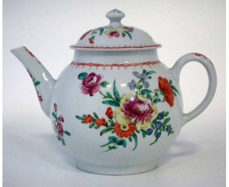 Bow teapot and cover circa 1755  painted with floral sprays within red line borders, the handle terminating in a moulded hear