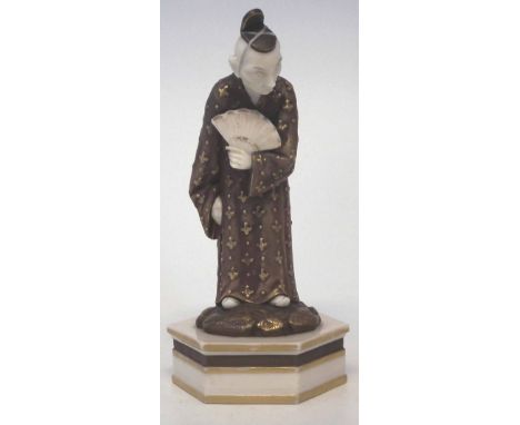 Royal Worcester figure, modelled as an Oriental gentleman holding a fan on hexagonal base, puce printed mark to base, 1878 da