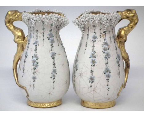 Pair of Amphora Reissner Stellmacher Kessel ewers, with gilded dragon handles, opalescent foaming bubble rims, the bodies dec
