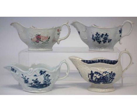 Four Liverpool Sauceboats circa 1760 - 1770, one probably William Reid, painted in polychrome, the others by James and Seth P