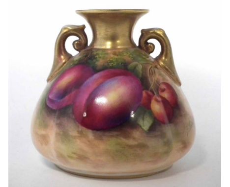 Royal Worcester vase signed E. Townsend, with twin handles, painted with fallen fruit, pink printed H155 and 1937 date code t