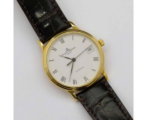 Baume &amp; Mercier 18ct automatic wristwatch, 4553524, white dial, centre seconds, date at 3:00, on an alligator strap (tick