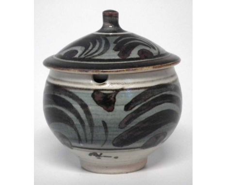 Bernard Leach studio pottery lidded preserve bowl, painted with scrolls, painted signature to side and impressed St Ives mark