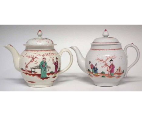 Two Liverpool Penningtons teapots circa 1770, painted with Oriental figures in polychrome, (4) 16cm high     Condition report