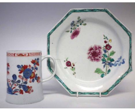 Bow tankard circa 1760, painted with imari patterns, also an octagonal plate painted with famille rose flora, (2) the plate m