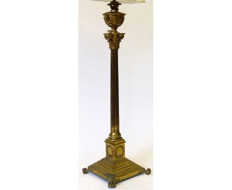 Brass Corinthian column standard oil lamp converted to electricity, height 150cm.
