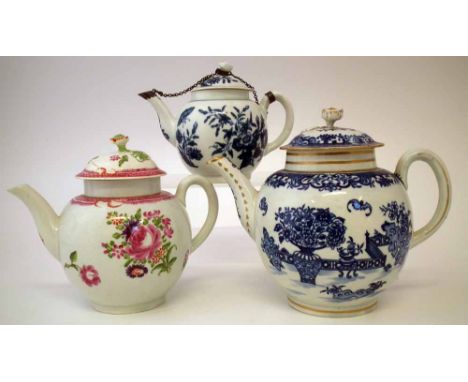 Three Worcester teapots circa 1770 - 1780  one painted with polychrome flora, the other two printed with three flower and bat