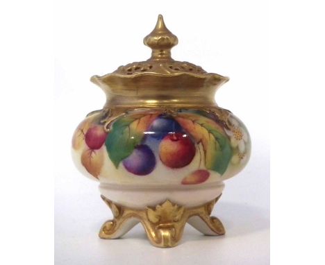 Royal Worcester lidded potpourri vase signed K.Blake, with pierced cover, painted with leaves and berries, puce printed H261 