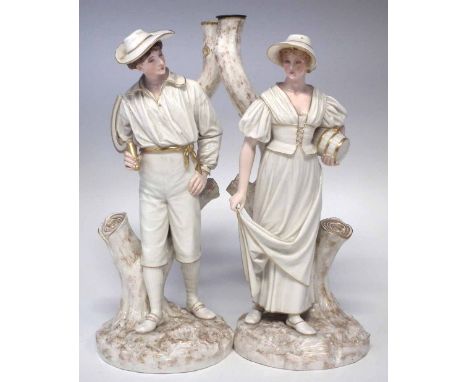 Pair of Royal Worcester Hadleys figural candelabra bases, moulded and impressed marks including shapes 964 and 965, one with 