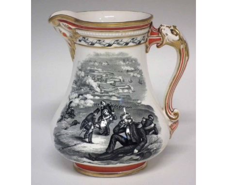 Alcock & Co Royal Patriotic jug circa 1855, printed in black transfer after the designs of G. Eyre, the moulded border, foot 