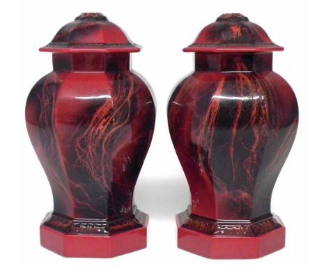 Pair of Royal Doulton flambe lamp bases, of octagonal section, (2) 23cm high     Condition report: No damage or restoration.