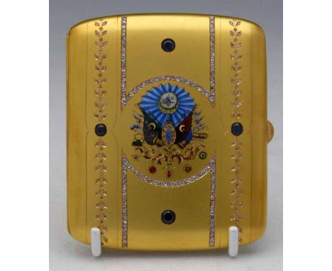 14ct gold (585) cigarette case, 1882 - 1909, the front enamelled and jewelled in rose diamonds and sapphires with the coat of