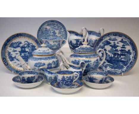 Collection of Coalport circa 1800   printed with Banana Tree and other blue transfer patterns, to include two lidded teapots,