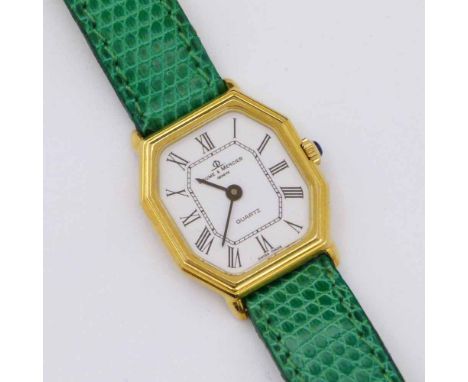 18ct gold Baume &amp; Mercier quartz watch, octagonal case, white dial, 18407 1077280, on green leather strap (working). *See