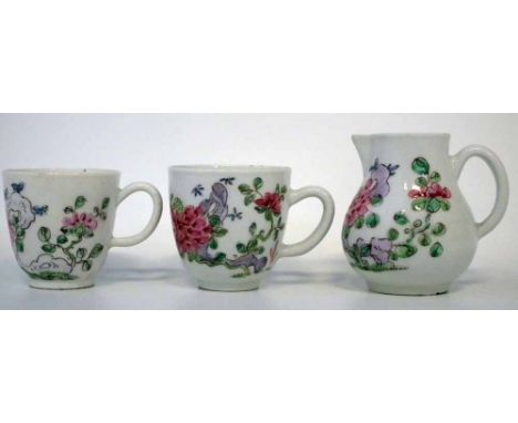 Two Bow coffee cups and a sparrow beak jug circa 1755, painted with peony flowers, (3) the jug measures 7cm high     Conditio