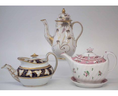 Newhall coffee pot circa 1810, painted with pattern 443, also a teapot and stand painted with pattern 59 and another teapot p