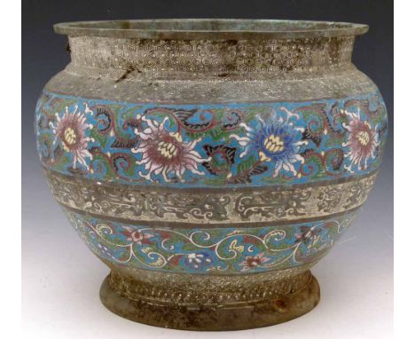 Chinese champeve enamel jardiniere, 19th century, decorated with bands of flowers, diameter 38cm.