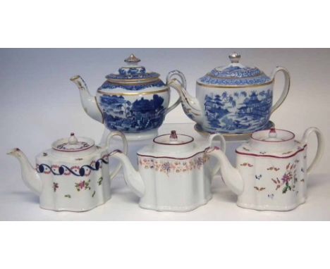 Five Newhall teapots circa 1800, two printed in underglaze blue one with a matching stand, three painted in polychrome enamel