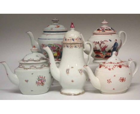 Four Keeling (Factory X) teapots and a coffee pot circa 1800, painted in polychrome (10) the coffee pot measures 27.5cm high 